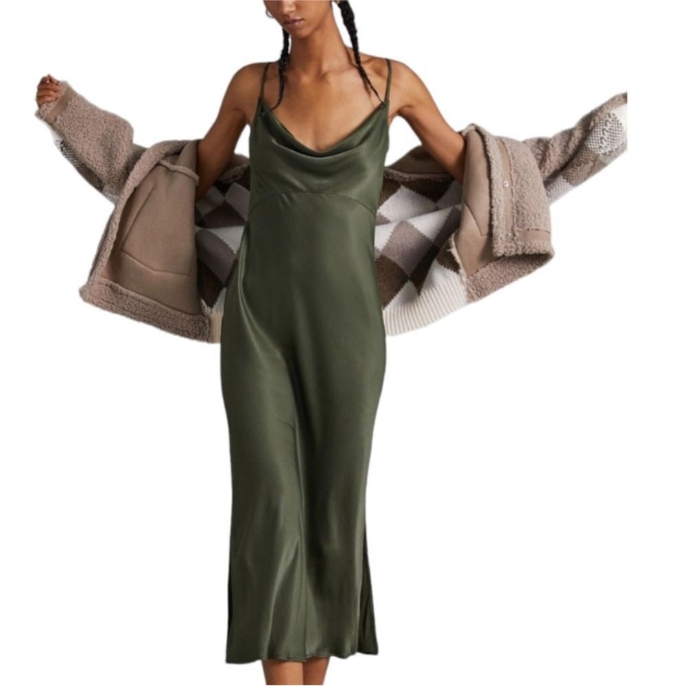 Anthropolgie Women's Moss Green Maxi Slip Silk Dress